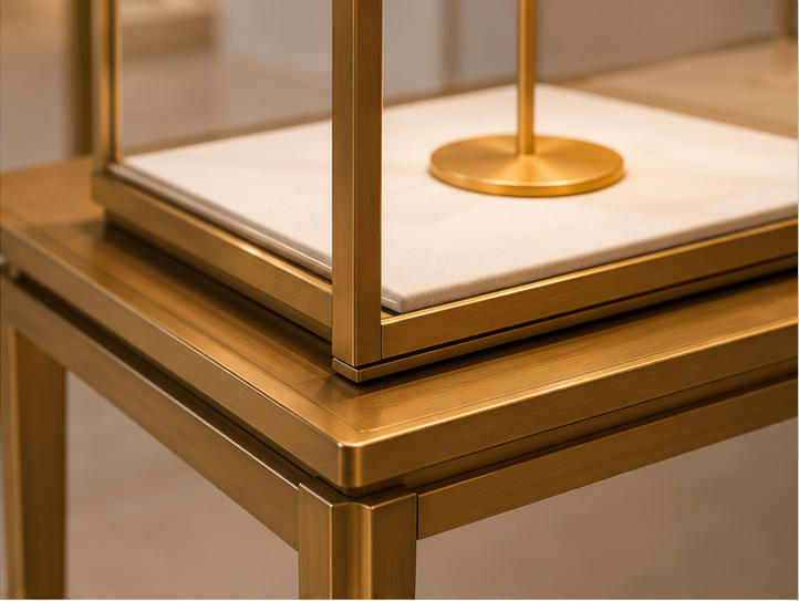 Triple Gold Tower Jewelry Display Console | 3 Showcase Set 8 Gold console, tower frames and glass material details